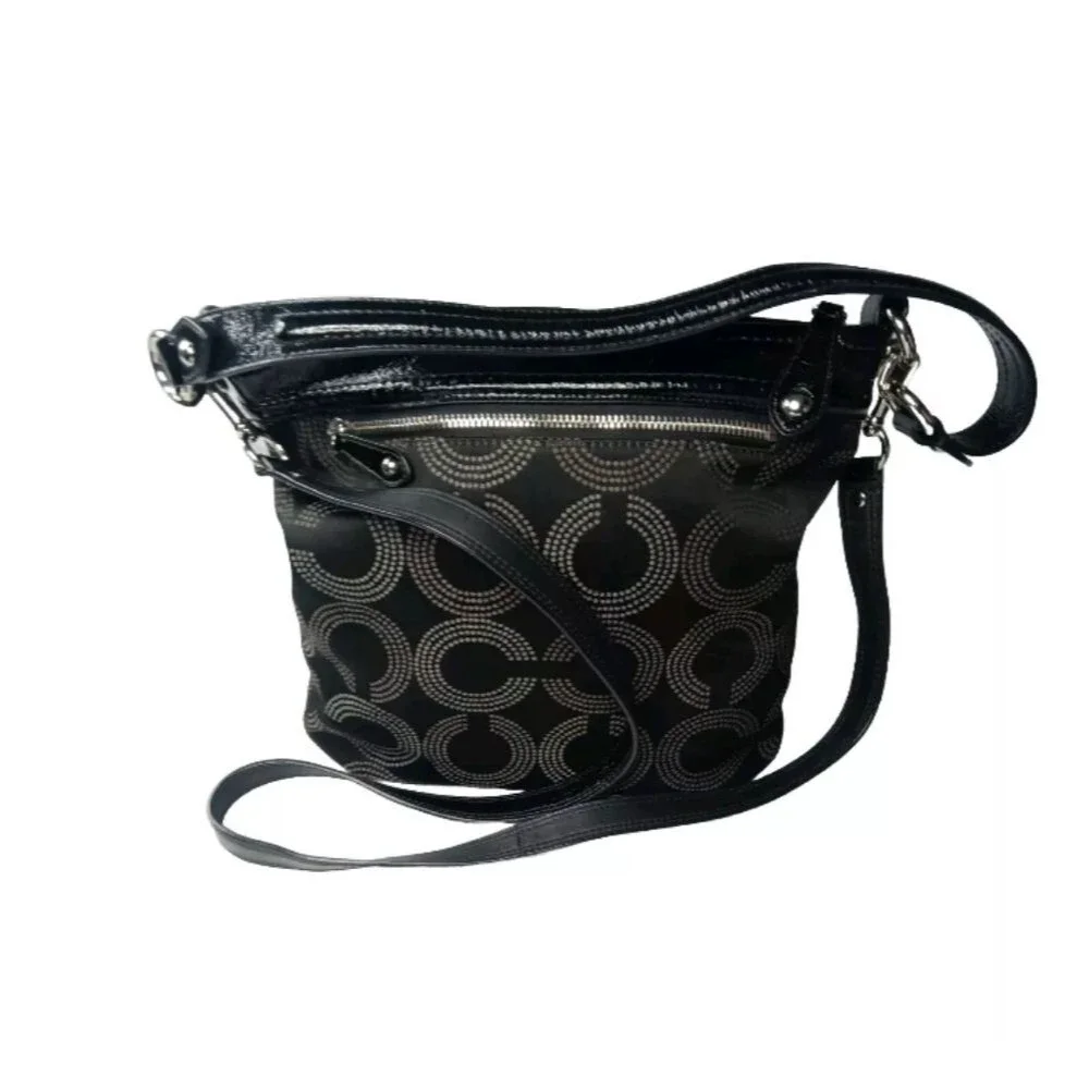 Coach Ashley Dotted Op Art Jacquard Hippie Handbag Black & Khaki F20088